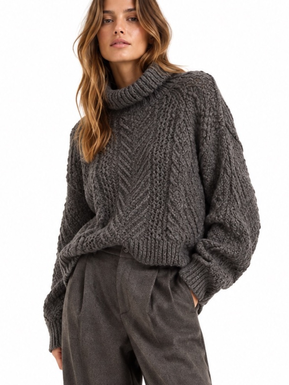 Vince 100% Cashmere Cozy Cable Knit Turtleneck Sweater - Charcoal